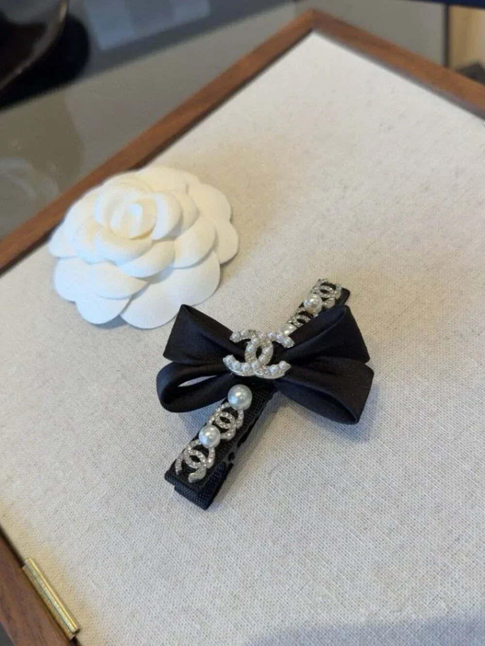 Chanel Black Satin Butterfly Hair Clip